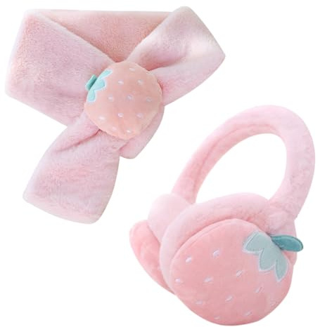 Cosiesnest Kids Scarf Earmuffs Set Strawberry Winter Warm Fleece Plush Girls Ear Muffs Kids Scarf Girls Aged 4-10 Toddlers Children Neck Warmer & Ear Covers Accessory Set