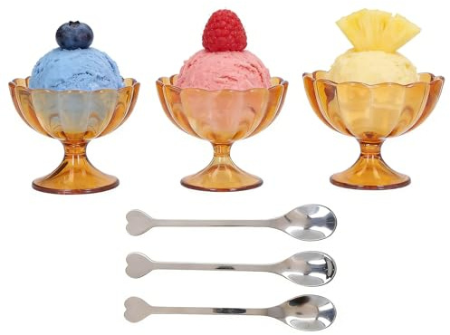 Buachois 3pcs Bol à Dessert Pied Fleuri, Grand Moyen Petit Bol en Plastique Acier Inoxydable pour Glace Crème Salade Cocktail Adulte (Marron foncé)