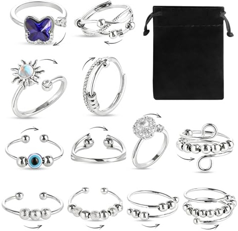 Anti Stress Ring 12 Stück Anxiety Ringe, Spinner Design, Verstellbar Größe | Ringe Damen, Stapelbare, mit Samtbeutel, Silber, Kupfermaterial, Stress und Angst Reduzieren, für Damen, für Geschenk
