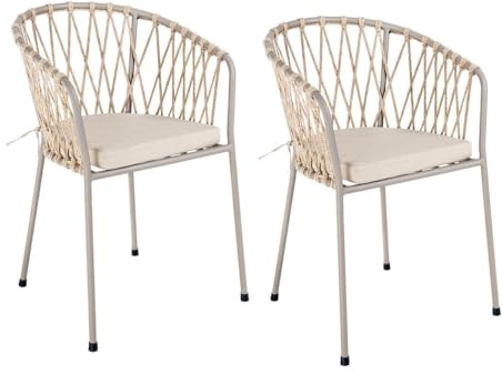 LOLAhome Set 2 Sillas de Jardín Myra de Acero y Cuerda Trenzada Color Limo, 52x51x80 cm, Cojín Incluido, Ergonómica, Diseño Elegante y Resistentes, Patas Desmontables Uso Exterior