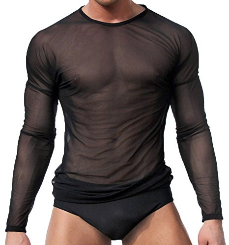 sandbank underkläder t-shirt för män svart långärmad nät topp undertröja män sexig nät ren t-shirt nattkläder gym fitness