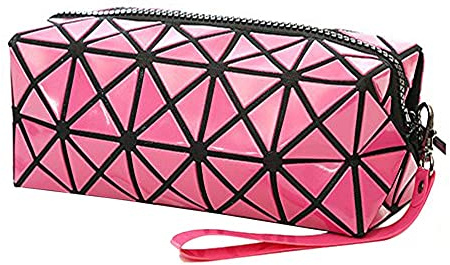 1 x faltbare Make-up-Tasche für Mädchen/Frauen, modische Kunstledertasche mit Rautengitter, für Kosmetikartikel rot