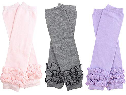 juDanzy 3 Pairs of girls baby Leg Warmers for newborn, infant, toddler, child (One Size (10 pounds to 10+ years), Pink, Gray, Lavender Ruffle)