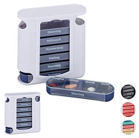 Relaxdays 2X Pillendose 7 Tage im Set, wöchentliche Tablettenbox, 4 Fächer, morgens, mittags, abends, nachts, Pillenbox, weiß-blau