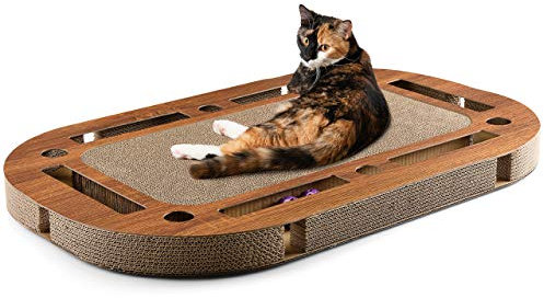 CanadianCat Company | XXL Katzenspielplatz 85 x 54 x 5,8 cm mit integrierter Kratzpappe, interaktives Katzenspielzeug Kratzbrett in Holzoptik Kratzkarton