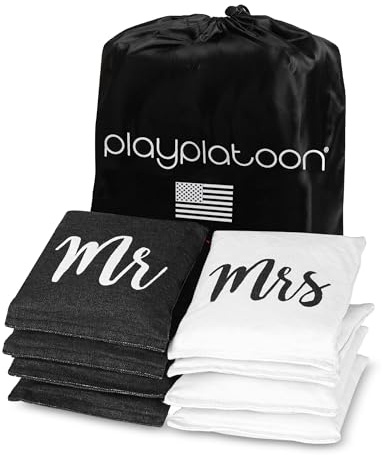 Play Platoon Weather Resistant Cornhole Bags - Set of 8 Regulation Size - Mr & Mrs Wedding Theme - Durable Duck Cloth for Tossing Game, Includes Tote Bag