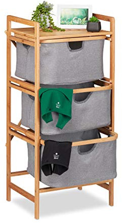 Relaxdays Wäschesortierer Bambus, 3 herausnehmbare Fächer, Bad & Schlafzimmer, Regal, HBT: 96 x 44 x 34,5 cm, natur/grau