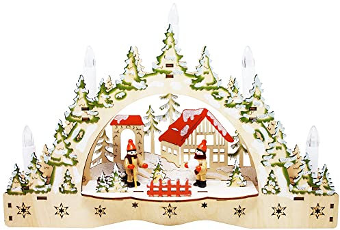 ToCi LED Candle Arch With Snowball Fight Motif - 5 LED Candles for Christmas Window and Table Decoration - Indoor Christmas Lighting