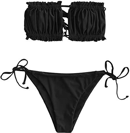 ZAFUL Damen Bikini Set, schulterfrei Bandeau mit Kordelzug & Rüschen High Cut Einfarbig Bademode (Schwarz, M)