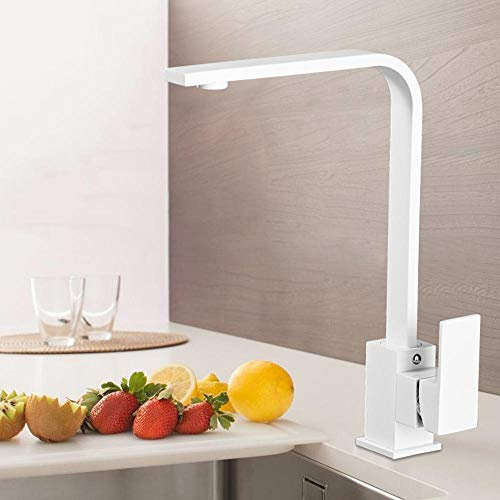 SJQKA White Contemporary Swivel Kitchen Faucet, Brass, Painted Finish, Single Hole, Ceramic Disc Valve, Aerated Water Flow