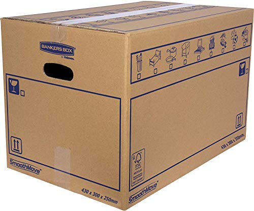 Bankers Box 6208301 Pack 10 Kartonboxen mit Griffen für Umzug, Lagerung und Transport, robust, verstärkter Einzelkanal, 32 Liter, Braun, 43 x 30 x 25 cm