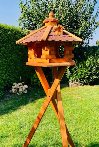 DARLUX handgefertigtes Sechseck Vogelhaus aus Holz wetterfest M - XXL mit und ohne Ständer I Futterhaus I Futterhäuschen I wetterfest I Bitumdach (Größe L mit Ständer, Rot - Braun)