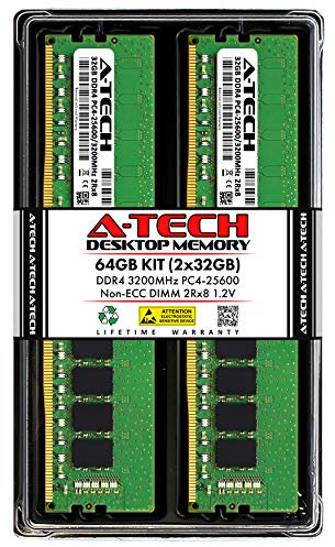 A-Tech 64GB (2x32GB) DDR4 3200 MHz UDIMM PC4-25600 (PC4-3200AA) CL22 DIMM 2Rx8 Non-ECC Desktop RAM Memory Modules