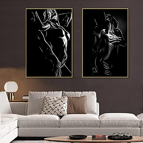 TSHAOSHUNHT Wandkunst Leinwanddruck Schwarz-Weiß-Paar Malerei Körper weiblich männlich Schlafzimmer Nachttisch Zuhause Wanddekoration 40x60cmx2 Stück rahmenlos