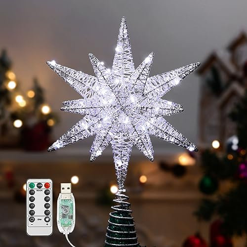 Lewondr Christmas Star Tree Topper, USB Powered Remote Controlled 11 Inch Multilayer Hexagonal Tree Toppers Christmas Decor with 8 Light Modes for Home Holiday Xmas, Timer Function, Silver