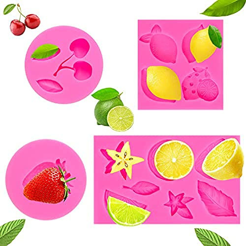 Obstformen, 4 Stück, Kirsche, Erdbeere, Zitrone, Sternblätter, 3D-Mini-Fruchtform, Silikonform für Kerzen, Schokolade, Süßigkeiten, Snacks, Gelee, Cupcakes, Kuchen, Gummis
