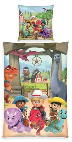 Herding Bettwäsche-Set Dino Ranch, Kopfkissenbezug 80 x 80 cm, Bettbezug 135 x 200 cm, Mit leichtläufigem Reißverschluss, Baumwolle