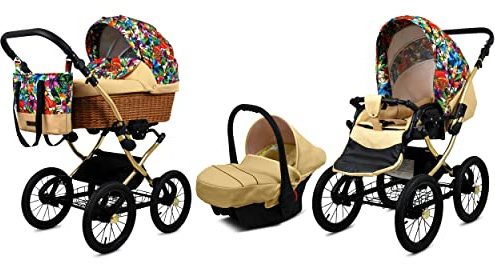 BabyLux Kinderwagen 3in1 mit Autositz für Kleinkinder – Kinderwagen für Neugeborene und Kleinkinder –– Baby Neugeborenen Kinderwagen – 59x105x125cm – Max 15kg – Jungle Flowers Gold Frame