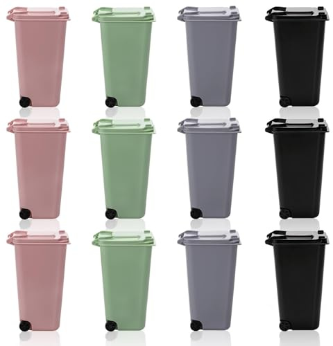 Goaste 12 Pack Mini Desk Trash Can, 22 OZ Tiny Curbside Garbage Bin with Lid, Small Plastic Desktop Wastebasket, Unique Office Pen Holder Pencil Cup, Counter Waste Basket for Home Kitchen Tabletop
