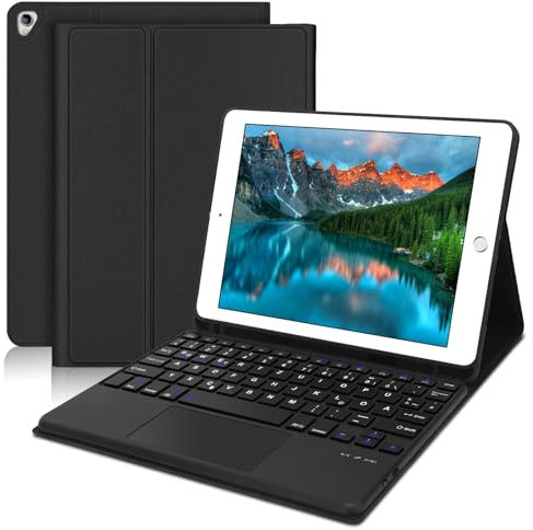 JADEMALL Für iPad Hülle mit Tastatur & Touchpad für iPad 9/8/7 Generation 10.2 (2019-2021) – Abnehmbares Bluetooth Keyboard, Multi-Touch Trackpad, QWERTZ Deutsch, Hervorragende Haptik, Schwarz