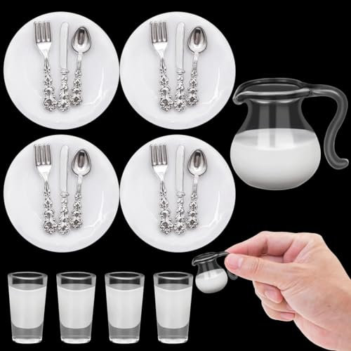 Accessoires Miniatures pour Maison de poupée, Ensemble de Couverts et Assiettes Miniatures 4 pièces, Pot à Lait Miniature et Tasses à Lait Vaisselle Miniature 1/12 Accessoires de Cuisine