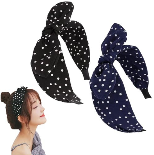 FIBOUND 2er-Pack Schleifen-Pompadour-Stirnbänder, Retro-Stirnband Mit Gepunkteter Schleife, Geeignet für Damen und Mädchen Aller Gelegenheiten – Schwarz