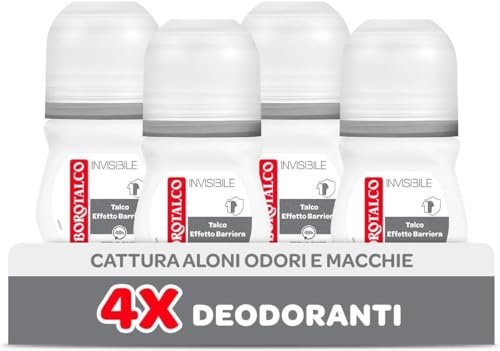 Borotalco, Deodorante Roll-On Invisibile Grigio, con Talco Effetto Barriera, Cattura e Non Trasferisce Aloni, 48h efficacia, Senza Alcool,Profumo Classico - 4 Pezzi da 50 ml - Esclusiva Amazon