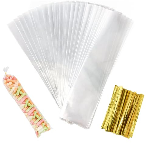 100 Stück 25 x 5 cm Cellophantüten Klar Lange OPP Geschenktüten mit 100 Gold Kabelbinder, Zellophantüten Tütchen Transparent Kindergeburtstag Gastgeschenke Zellophanbeutel Candy