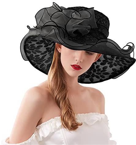 SRZYMJ Frauen Blume Dekor Bowler Hut mit Schleier Floppy Krempe Filz Kirche Party Cap Vintage 1920er Jahre Eleganter Fascinator Hut Klein Schwarz