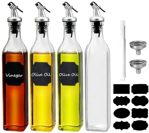 WERTIOO 4 Pack Olive Oil Dispenser Bottle for Kitchen, 500 ml Clear Glass Oil Olive Bottle, Oil & Vinegar Dispenser Set with 2 Funnels, Pen and Tags