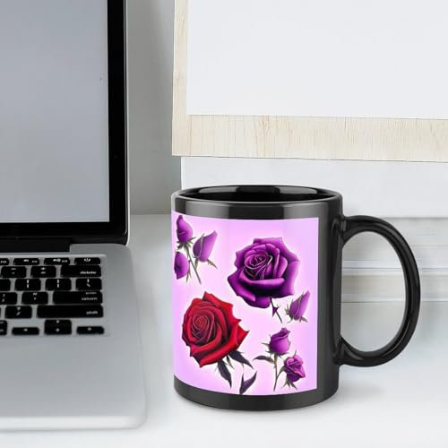 OURTEV Kaffeetassen, große Porzellantasse mit Griff, rote und violette Rosen, Porzellan-Kaffeetassen, lustige Tasse, Keramikbecher, Teetassen, personalisierte Tasse für Männer und Frauen
