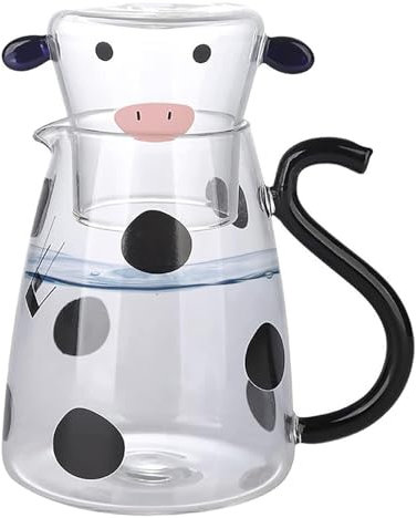 Jarra de agua de vidrio de 550 ml con taza, juego de jarra de agua para mesita de noche, vaso para beber de mesa de noche, jarra de jugo de vidrio de vaca de dibujos animados, tazas de bebidas, taza