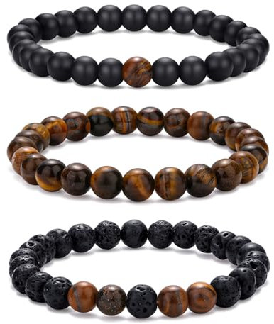 RANKEEF Perlenarmband Herren 8mm Naturstein Armbänder für Herren Perlenarmbänder Set Verschiedene schwarze Perlenarmbänder Stretch Tigerauge Armband Lavastein Armband
