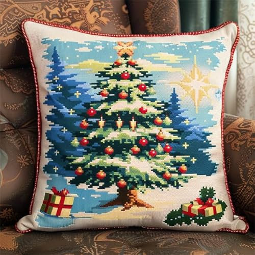 Kitquiver Knüpfen Set Kissen Weihnachten Knüpfen für Anfänger Set 43X43cm Knüpfen Handarbeit Set Kissen Bastelset Knüpfen Handwerksset Kissen DIY Bastelset für Anfänger für die Sofa-Heimdekoration