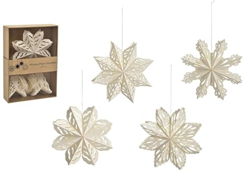 4er Set Papier-Schneeflocken Weiß – Weihnachtsanhänger zum Aufhängen – Ø 15 cm – Höhe 2 cm – Material: Papier/Karton