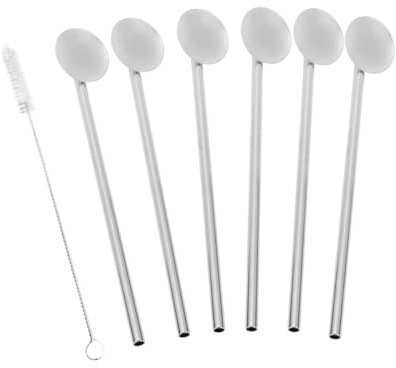 FELTECHELECTR Strohhalm-Löffel-Set aus Edelstahl 7-teilig Kaffeerührer aus Metall Reinigungsbürste leicht zu reinigen