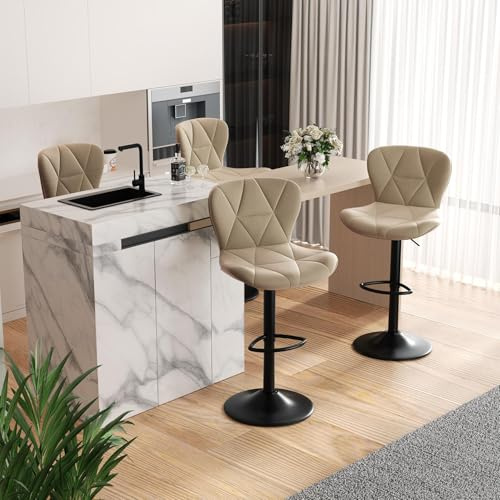 Hawthyhome Barhocker 4er Set Höhenverstellbar mit Lehne Khaki | 360° Drehbar, Kunstlederbezug, Fußstütze, Barstuhl, Kücheninsel, Heimbar, Esszimmer, BarHocker