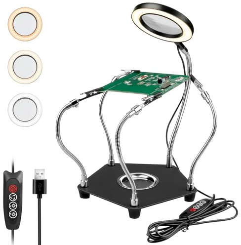 Lytool Troisième-Main-Soudure-Aider Les Mains Station de Soudage avec Lampe Loupe 3X LED à Intensité Variable Main d'Aide à Souder Flexible avec 4 Bras de Support pour les Réparations-de-Soudure
