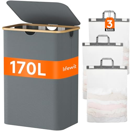 Lifewit 170L Wäschekorb mit Deckel, Große Wäschesammler 3 Fächer, Wäschesäcke, Wäschesortierer, Wäsche Sortieren, Wäschebehälter, für Wäsche, Schlafzimmer, Bad, Hellgrau | Großer Wäschesammler mit 3 herausnehmbaren Wäschesäcken, Wäschebox zum Sortieren für Schlafzimmer und Bad