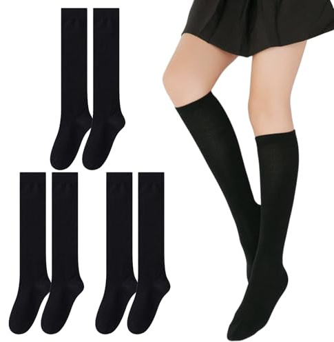 UILYNIU 3 Paia Calzettoni Donna in Cotone, Calzini Al Ginocchio Unisex, Invernali Lunghi, Calzettoni Traspiranti, Retro Casual Socks, Calze Sportive (Nero)