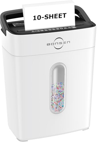 Bonsen 10-Sheet Cross Cut Paper Shredder for Home Office, P-4, Portable Handle, 4 Gallons Bin, Paper and Credit Card Shredder, White (S3201-W New Version)