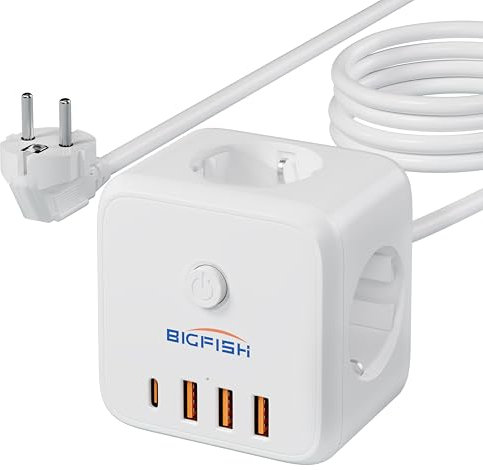 Bigfish 7 en 1 Multiprise USB Cube avec Interrupteur, Multiprise Parafoudre et Rallonge Electrique 3M, Prise USB Multiple avec 1C et 3A pour Domicile, Bureau, Voyage