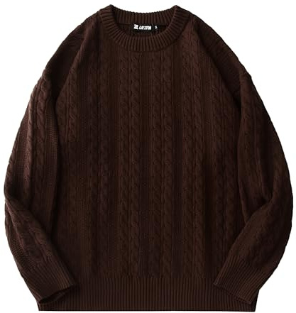 Laixton Mens Oversized Sweater Unisex Crewneck Cable Knit Sweater Pullover Aesthetic Streetwear Casual Sweaters Jumper Classic Brown