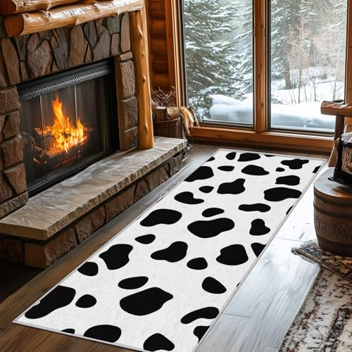 Generisch Läufer Flur Kuh Flecken, Waschbarer Teppich Läufer Schwarz Weiß Tiere 60x120, Küchenteppich, Eingangsbereich, Bettvorleger, Schlafzimmer Deko, rutschfest, Kurzflor d19