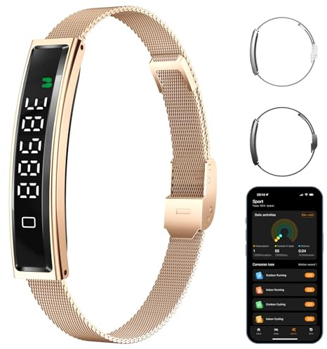LICNPHLL Smart Bracelet,Activity&Fitness Trackers,Touch Screen/Sleep Tracker/Heart Rate/Blood Oxygen,5ATM Waterproof,Multiple Sports Modes,Free App for iOS Android (Steel Belt, Rose Gold)