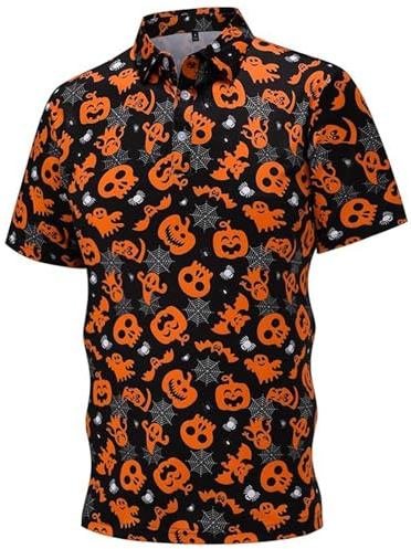 Men's Halloween Polo Shirt with All-Over Print - Short-Sleeved Functional Shirt for Theme Parties | Funny Top with Pumpkins and Ghosts, style_v01 orange, 3XL