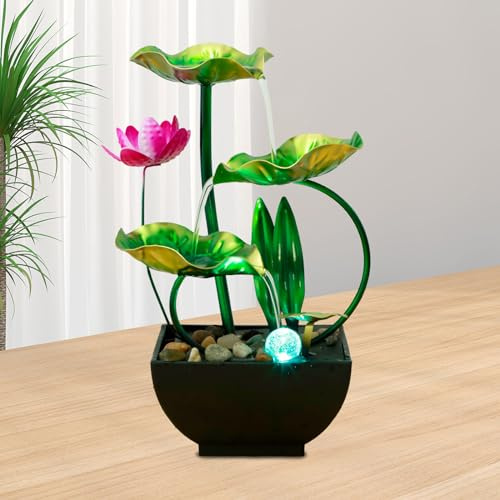 Tabletop Water Fountain, 3-Tiers Leaf Small Desktop Waterfall Fountains, USB Powered Tabletop Fountain with Natural Rocks and LED Lights, Indoor Humidifier for Office (Water Lily (Without Lamp Ring))