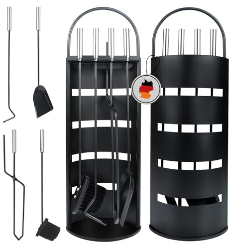 Kaminbesteck Schwarz Modern – 4-teiliges Kaminzubehör Set mit Rundständer | Hochwertiges Kaminbesteck Metall für Kamin & Ofen | Stilvoll, Robust & Langlebig
