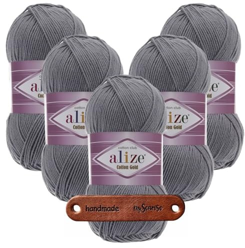 ALIZE 5 x 100g Cotton Gold 87 Coal Grey Premium Wolle weich und angenehm für Tops Kleider und Accessoires für Frühling und Sommer, Amigurumi, Babydecke und Wohnaccessoires mit mySearose Label