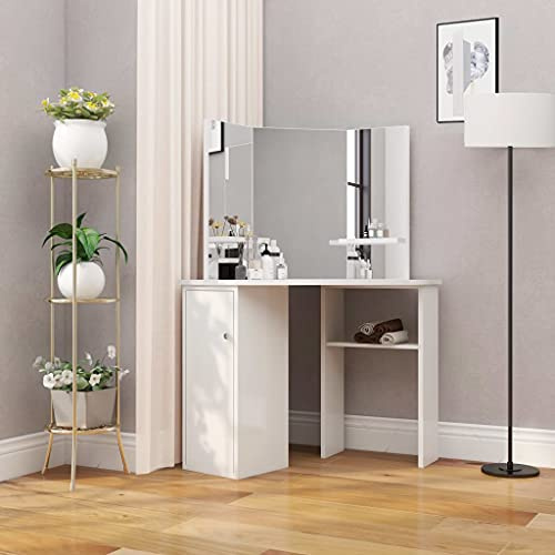 HaoChrymec Tavolo Da Toeletta Angolare In Legno MDF Bianco, Vanity Desk Per Makeup Con Specchio A Tre Pannelli E Ripiani Laterali, Postazione Trucco Salvaspazio Per Camera Da Letto, 111x54x141.5 cm